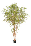 Majestueuze kunst Japanse Esdoorn van 330 cm hoog op echte houten stammen met verfijnd wit-bont blad voor een luxe vide.